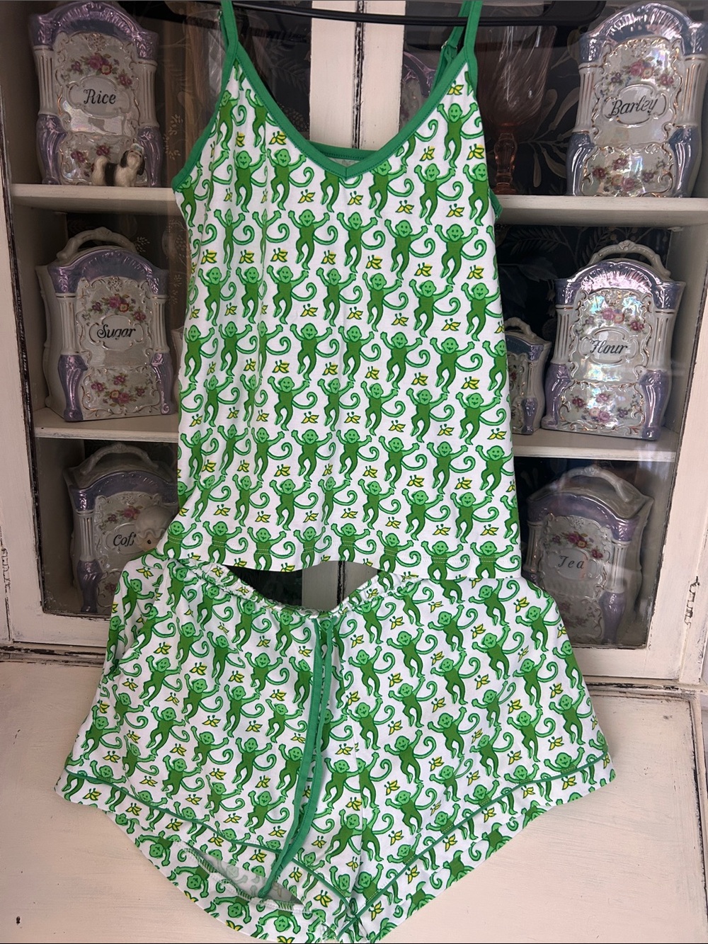 Roller Rabbit White & Green Monkey Print Pajama Tank and Shorts Set